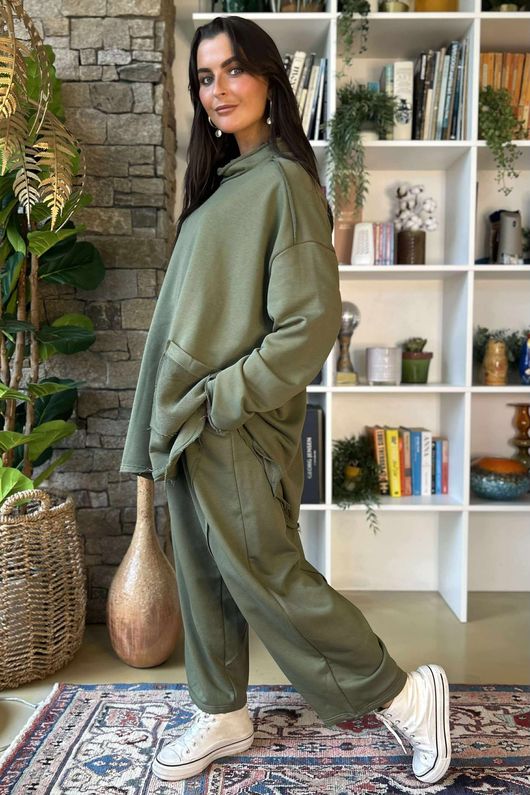 Scamp Raw Seam Funnel Neck Top Khaki